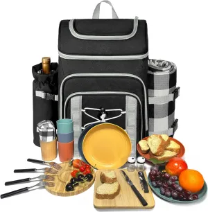 Hap Tim Picnic Basket Backpack for 4 Person with Blanket, Insulated Leakproof Cooler Compartment, Wine Holder, Cutlery Set, Engagement Gifts for Couples, White Elephant Gift Ideas, Black (36221-DG)