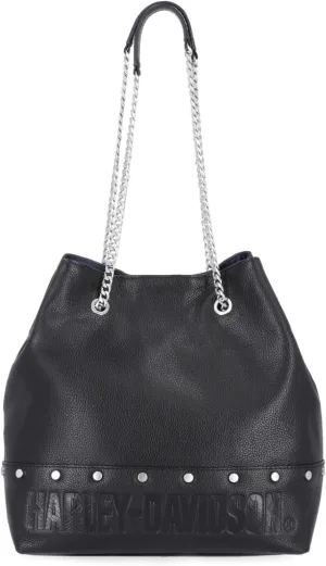 Harley-Davidson Women's Flat Stud Bucket Chain Genuine Leather Bag - Black