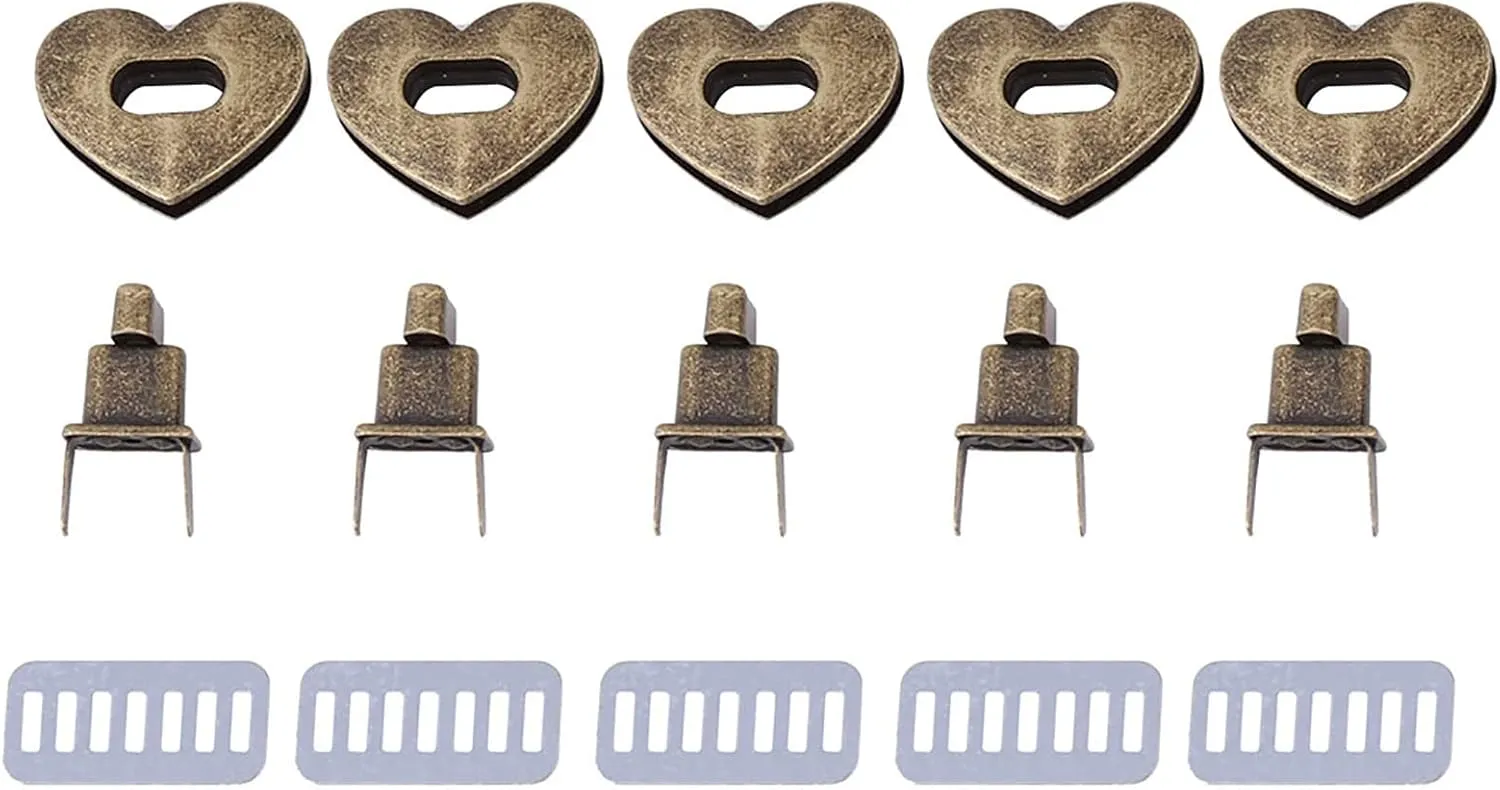 Heart Shaped Twist Lock 5 Sets | Sturdy Metal Clasp for Handbags/Purses/Leather Crafts | Silver & Bronze Bag Hardware Accessories (Antique Bronze)