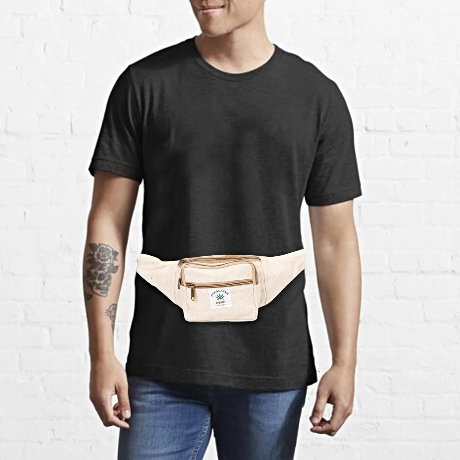 Hemp Fanny Pack For Men & Women,Adjustable Waist and Multiple Pockets,Waist Bag & for all purpose (Off White)