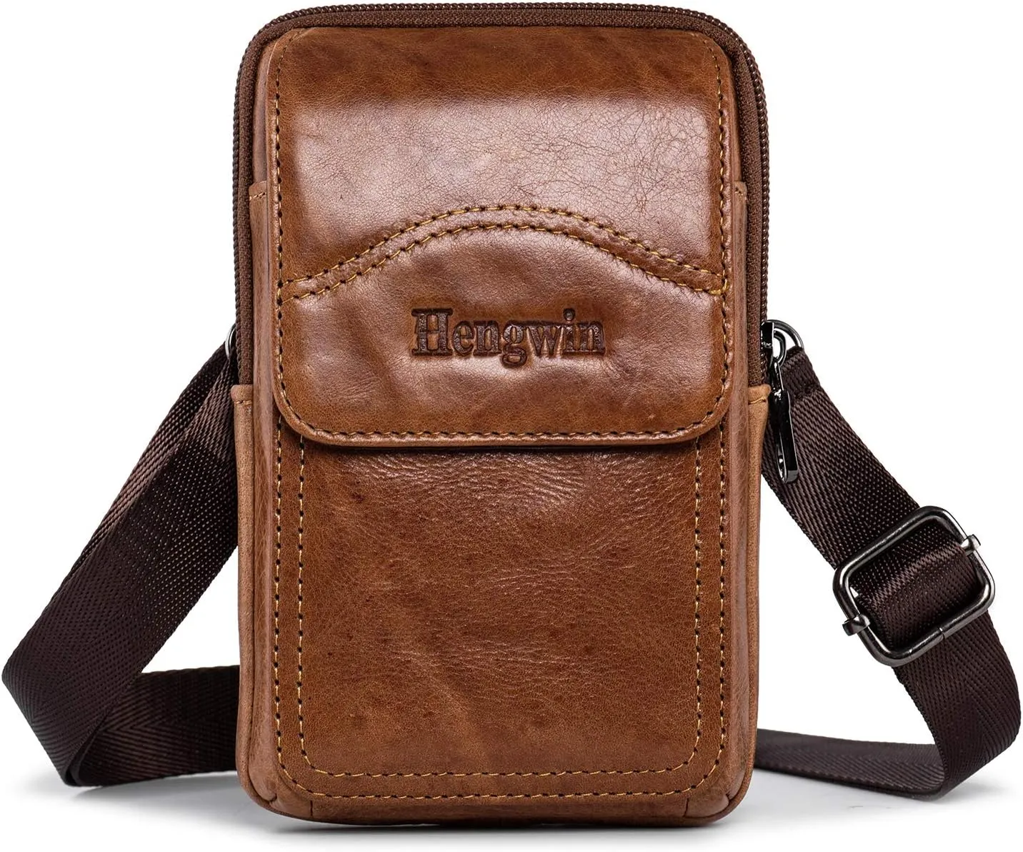Hengwin Leather Cell Phone Holster Fit for iPhone 16 Pro Max 15 Pro Max 14 Pro Max 13 Pro Max Samsung Galaxy S25 Ultra S24 S23 Ultra Belt Pouch Shoulder Bag Crossbody Purse Case with Belt Clip (Brown)