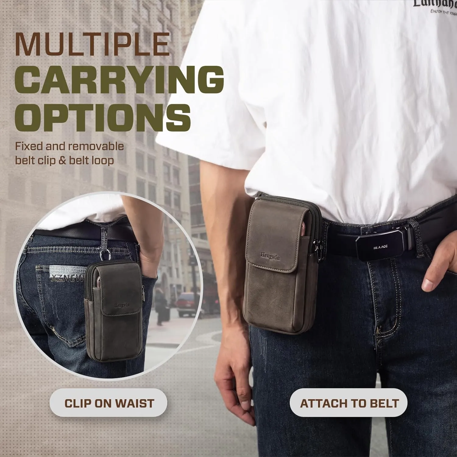 Hengwin Leather Men Cell Phone Holster Wallet Case with Belt Clip Travel Messenger Bag Waist Pouch Crossbody Purse Fit for iPhone 16 Pro Max 15 Pro Max 14 Pro Max Samsung Galaxy S25 Ultra S24  (Grey)