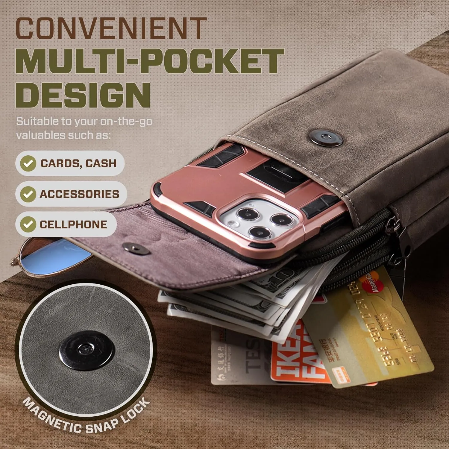 Hengwin Leather Men Cell Phone Holster Wallet Case with Belt Clip Travel Messenger Bag Waist Pouch Crossbody Purse Fit for iPhone 16 Pro Max 15 Pro Max 14 Pro Max Samsung Galaxy S25 Ultra S24  (Grey)