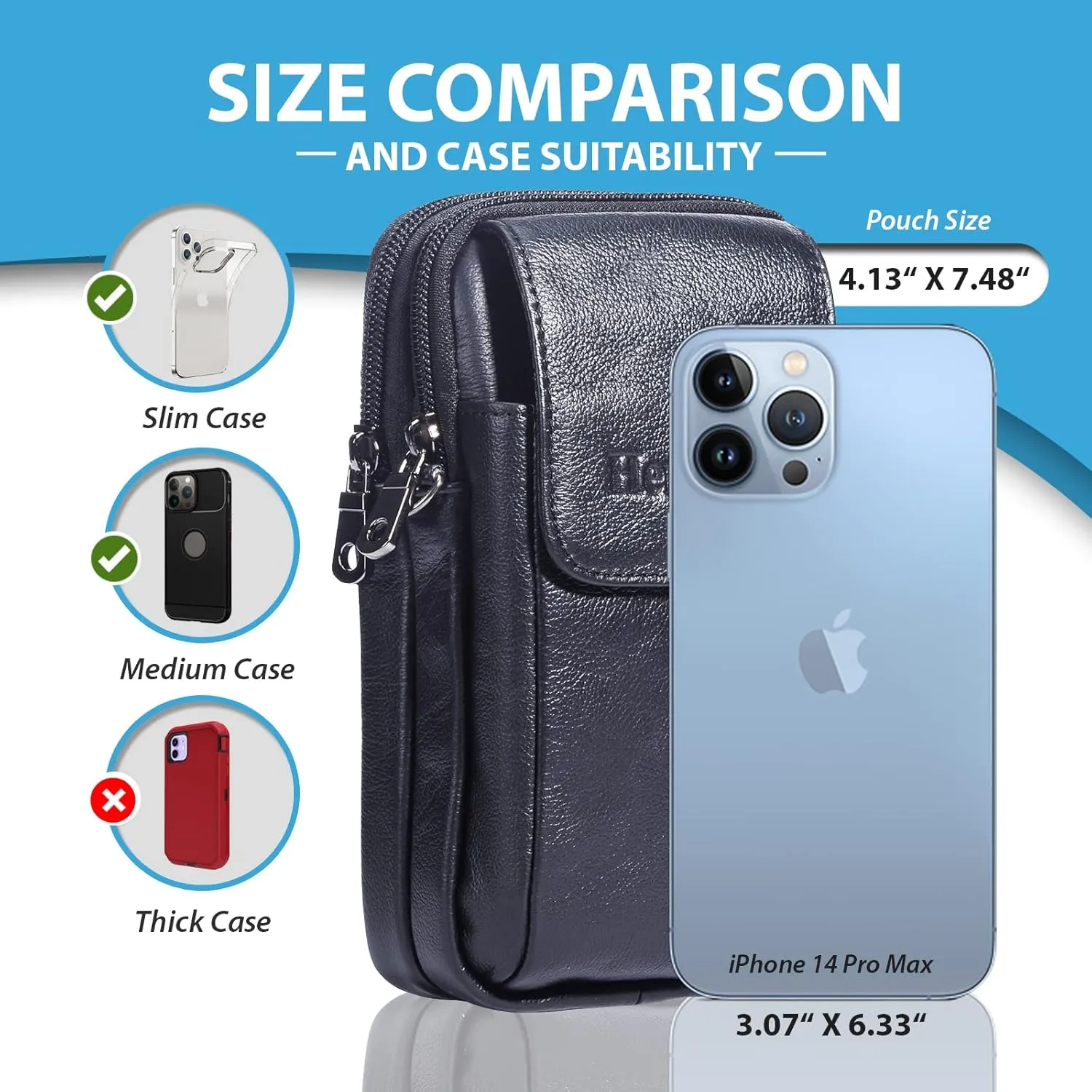 Hengwin Leather Vertical Men Cell Phone Holster Wallet Case with Belt Clip Loop Travel Messenger Bag Waist Pouch Crossbody Purse Fits for iPhone 15 14 Pro Max Samsung Galaxy S25 Ultra Note 9 8 (Black)