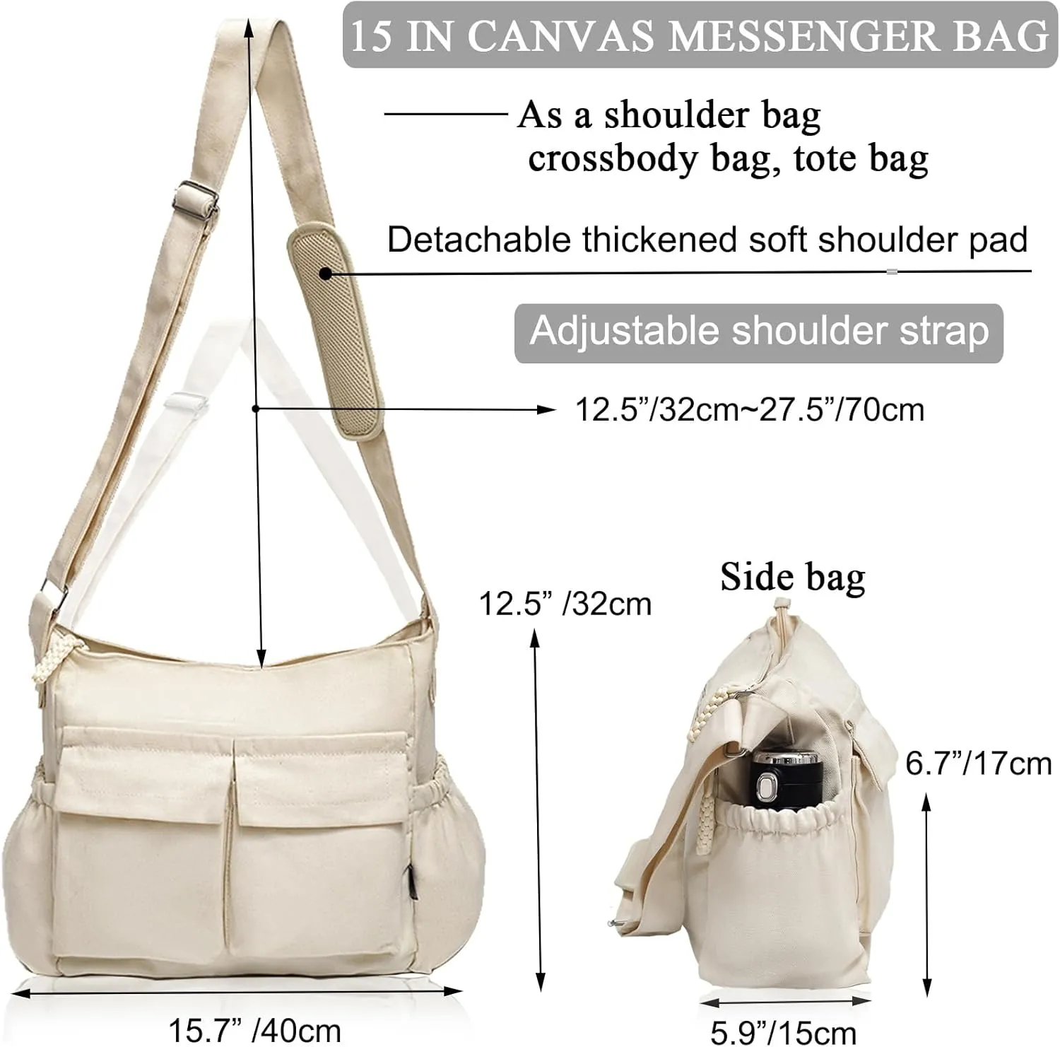 High Density Canvas Messenger Bag for Men/Women, 15” Large Crossbody Shoulder Bag Tote Bag for College/Travel/Work Daily Use
