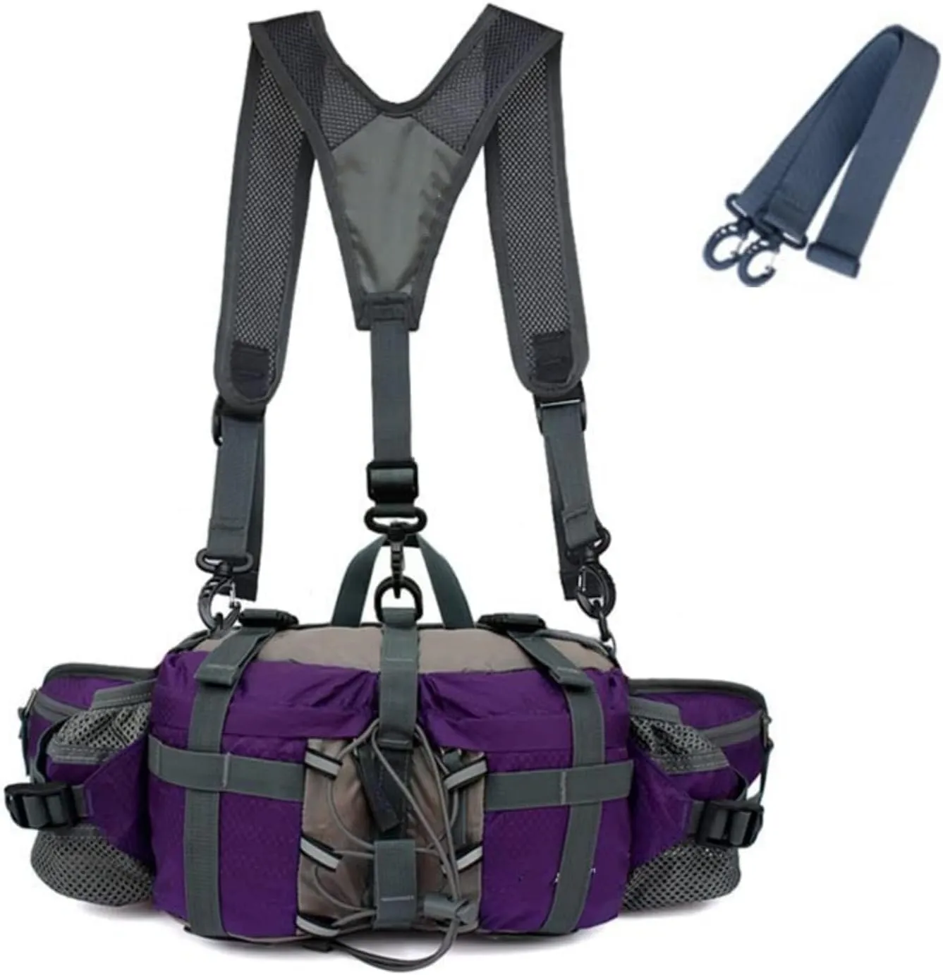 Hiking Fanny Pack with Water Bottle Holder & Double Shoulder Straps, Hiking Essentials for Men Women Waterproof Outdoor Waist Bag, Lumbar Backpack for Fishing Hunting Running Sports