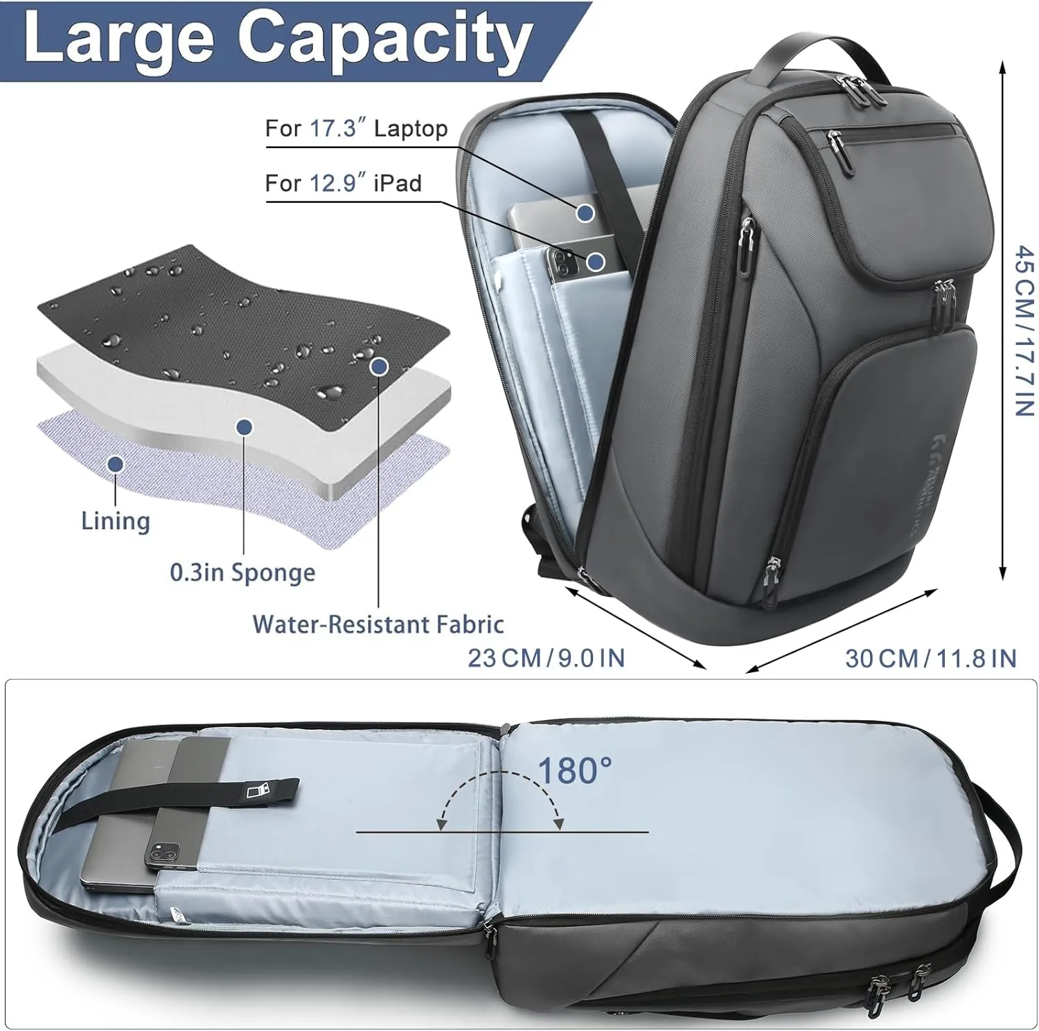hk Business Smart Backpack for Men Anti-Theft for 17.3 Inch Laptop with USB Charging Port Water-Resistant Large Durable Compact 30L for Travel College Work-Deep Grey