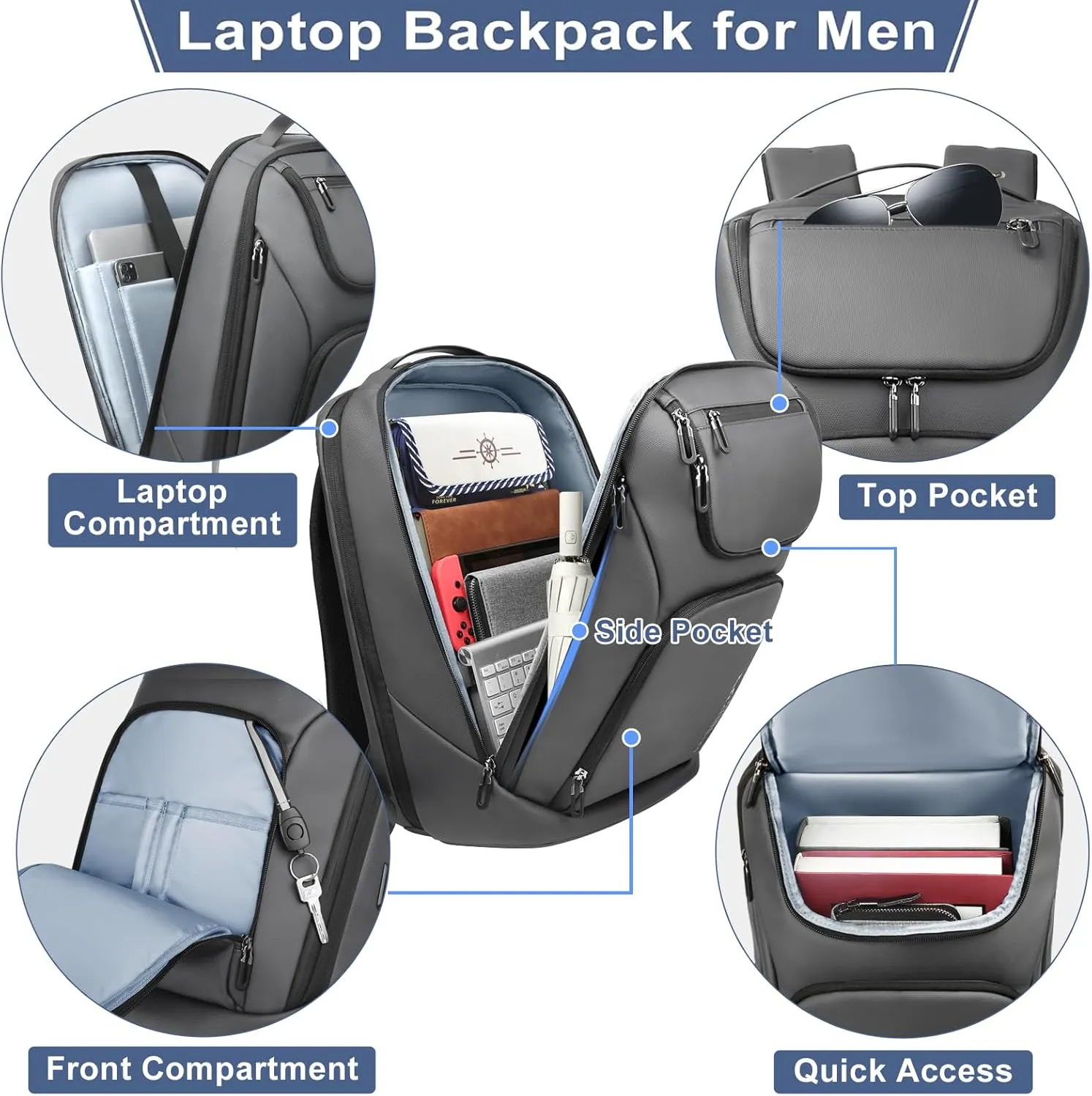 hk Business Smart Backpack for Men Anti-Theft for 17.3 Inch Laptop with USB Charging Port Water-Resistant Large Durable Compact 30L for Travel College Work-Deep Grey