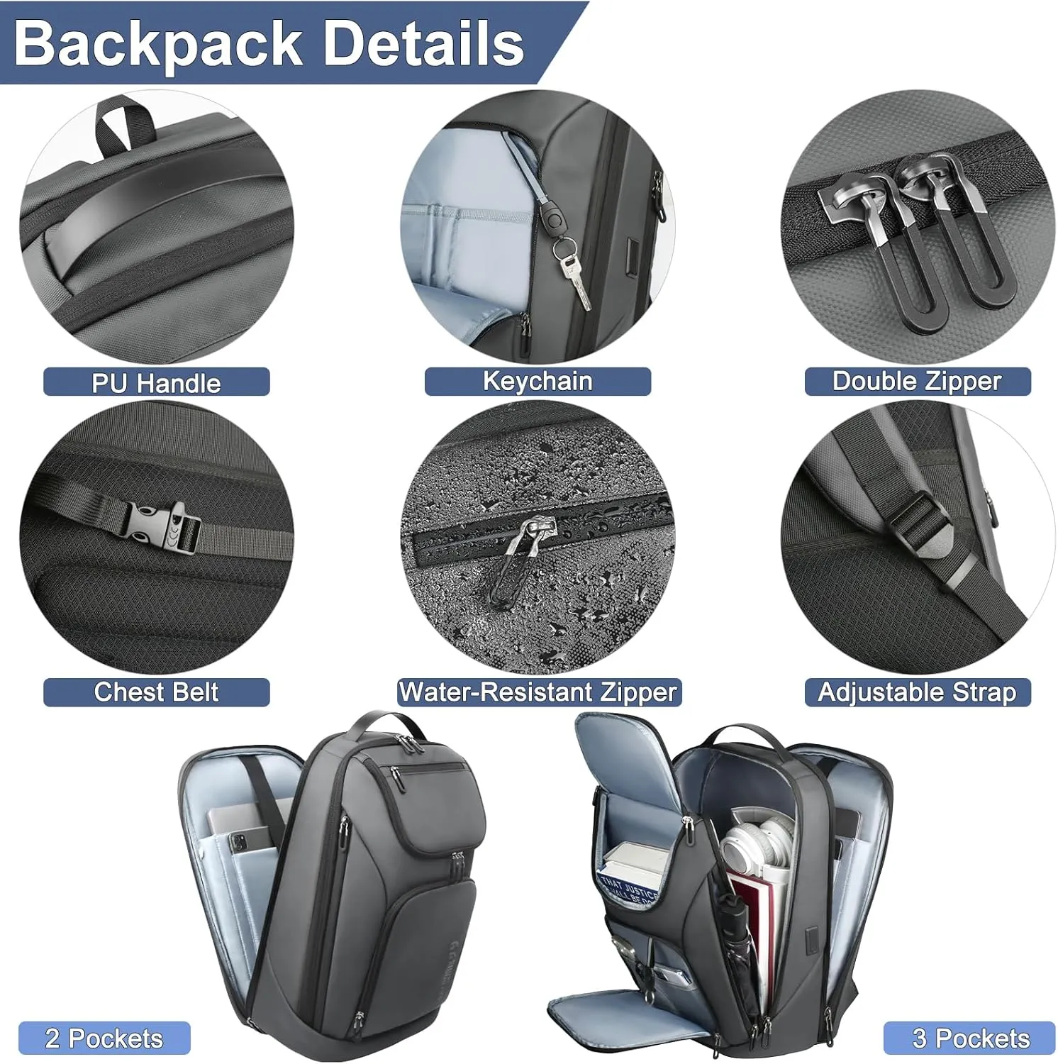 hk Business Smart Backpack for Men Anti-Theft for 17.3 Inch Laptop with USB Charging Port Water-Resistant Large Durable Compact 30L for Travel College Work-Deep Grey