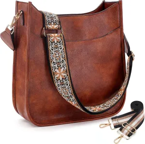 HKCLUF Crossbody Bag for Women Vegan Leather Hobo Handbags Guitar Strap Purse Shoulder Bucket Bag with 2PCS Adjustable Straps