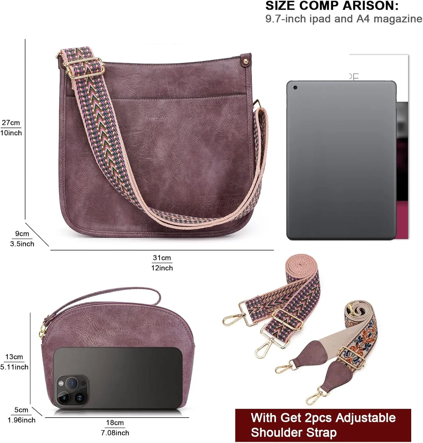 HKCLUF Crossbody Bag Purse for Women 2PCS/Set Leather Hobo Handbag Wallet Set With 2Adjustable Guitar Strap Shoulder Bag