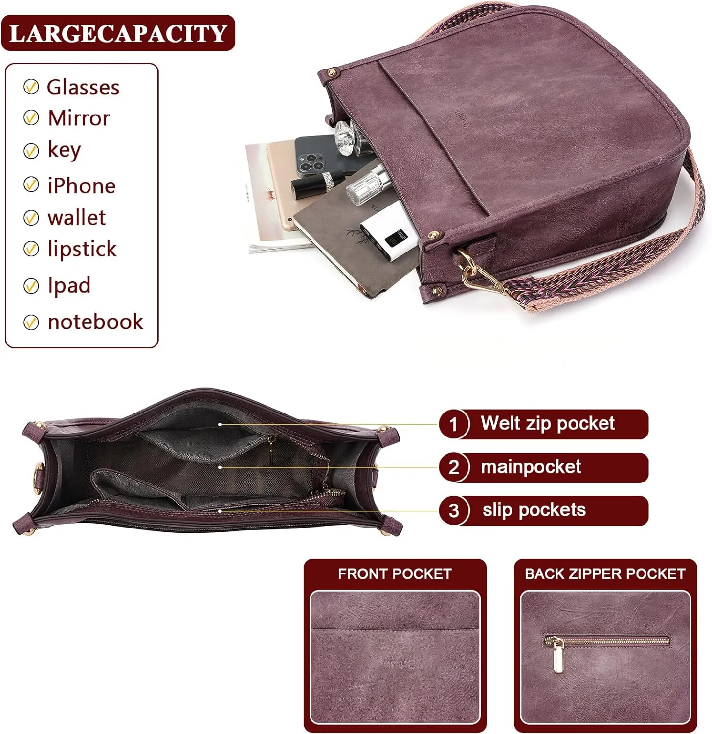 HKCLUF Crossbody Bag Purse for Women 2PCS/Set Leather Hobo Handbag Wallet Set With 2Adjustable Guitar Strap Shoulder Bag
