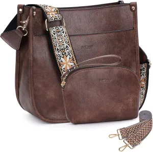 HKCLUF Crossbody Bag Purse for Women 2PCS/Set Leather Hobo Handbag Wallet Set With 2Adjustable Guitar Strap Shoulder Bag
