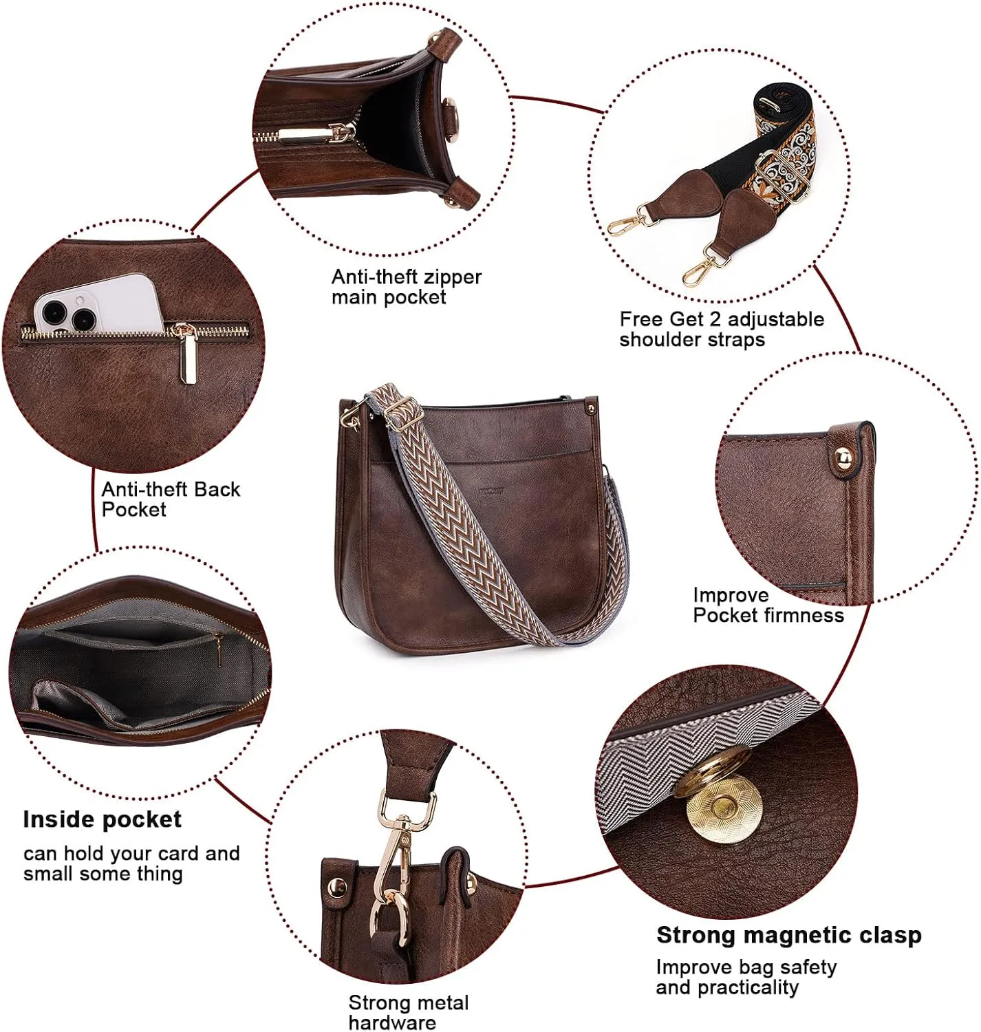 HKCLUF Crossbody Bag Purse for Women 2PCS/Set Leather Hobo Handbag Wallet Set With 2Adjustable Guitar Strap Shoulder Bag