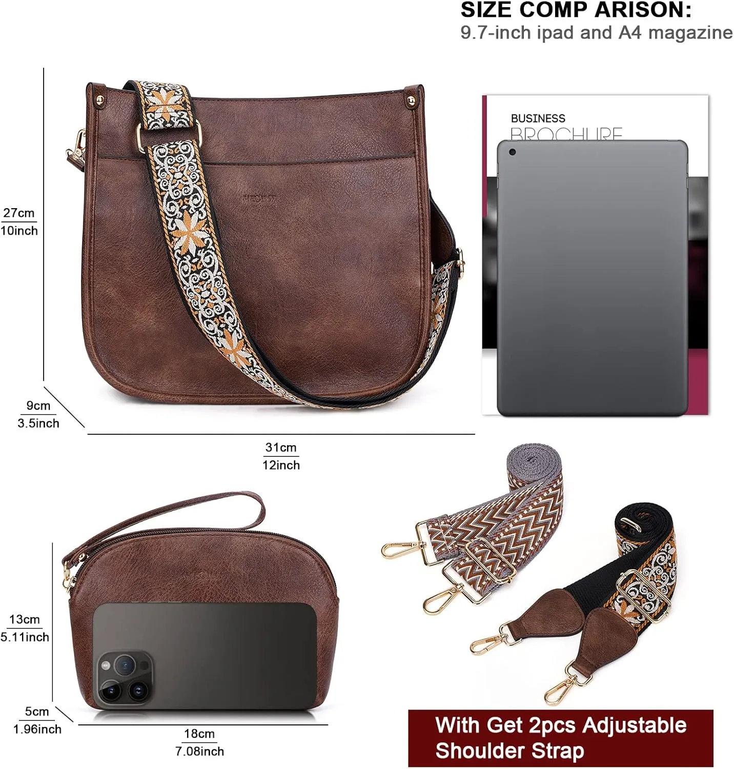 HKCLUF Crossbody Bag Purse for Women 2PCS/Set Leather Hobo Handbag Wallet Set With 2Adjustable Guitar Strap Shoulder Bag