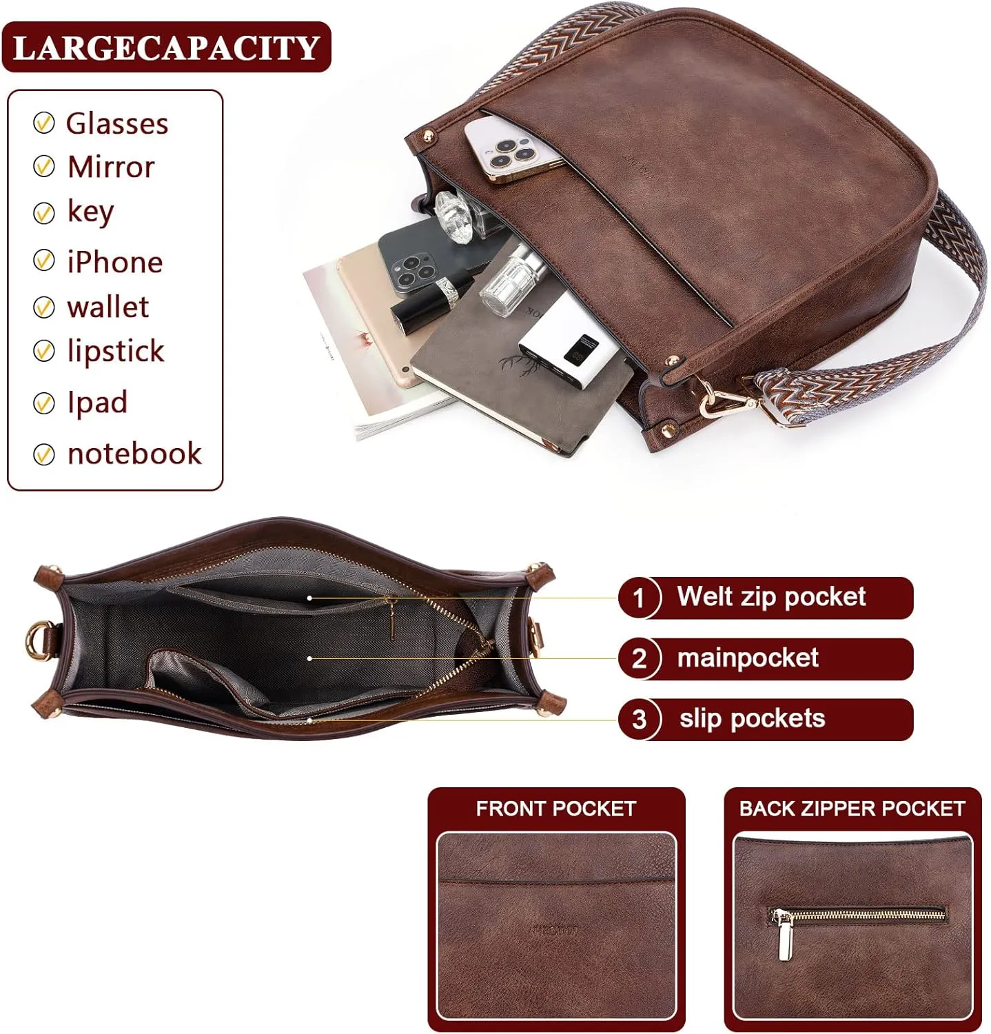 HKCLUF Crossbody Bag Purse for Women 2PCS/Set Leather Hobo Handbag Wallet Set With 2Adjustable Guitar Strap Shoulder Bag