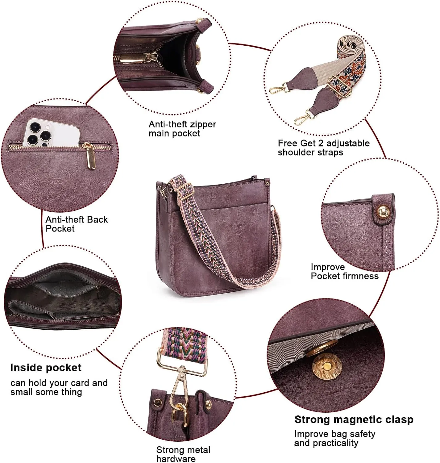 HKCLUF Crossbody Bag Purse for Women 2PCS/Set Leather Hobo Handbag Wallet Set With 2Adjustable Guitar Strap Shoulder Bag
