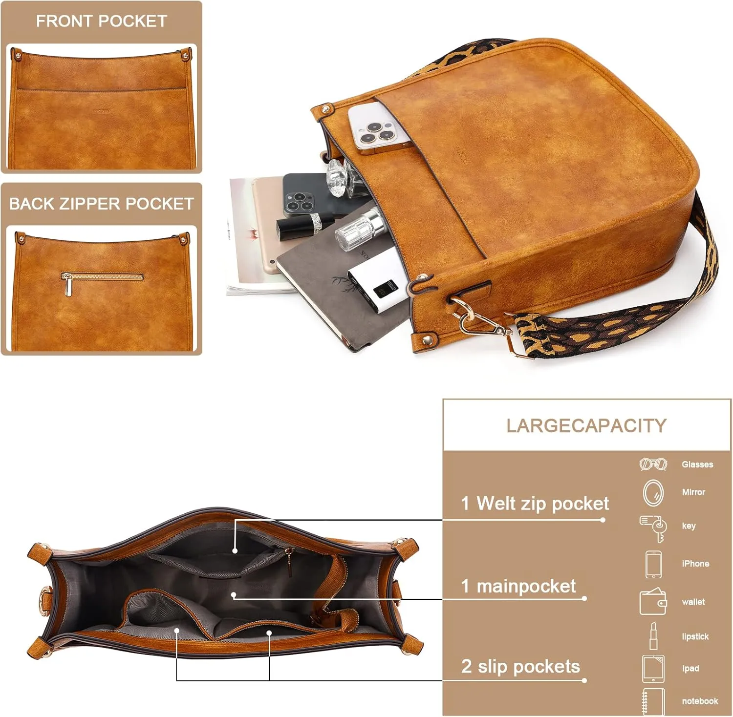 HKCLUF Crossbody Bags for Women Trendy Vegan Leather Hobo Handbags With 2PCS Adjustable Guitar Strap Shoulder Bucket Bags