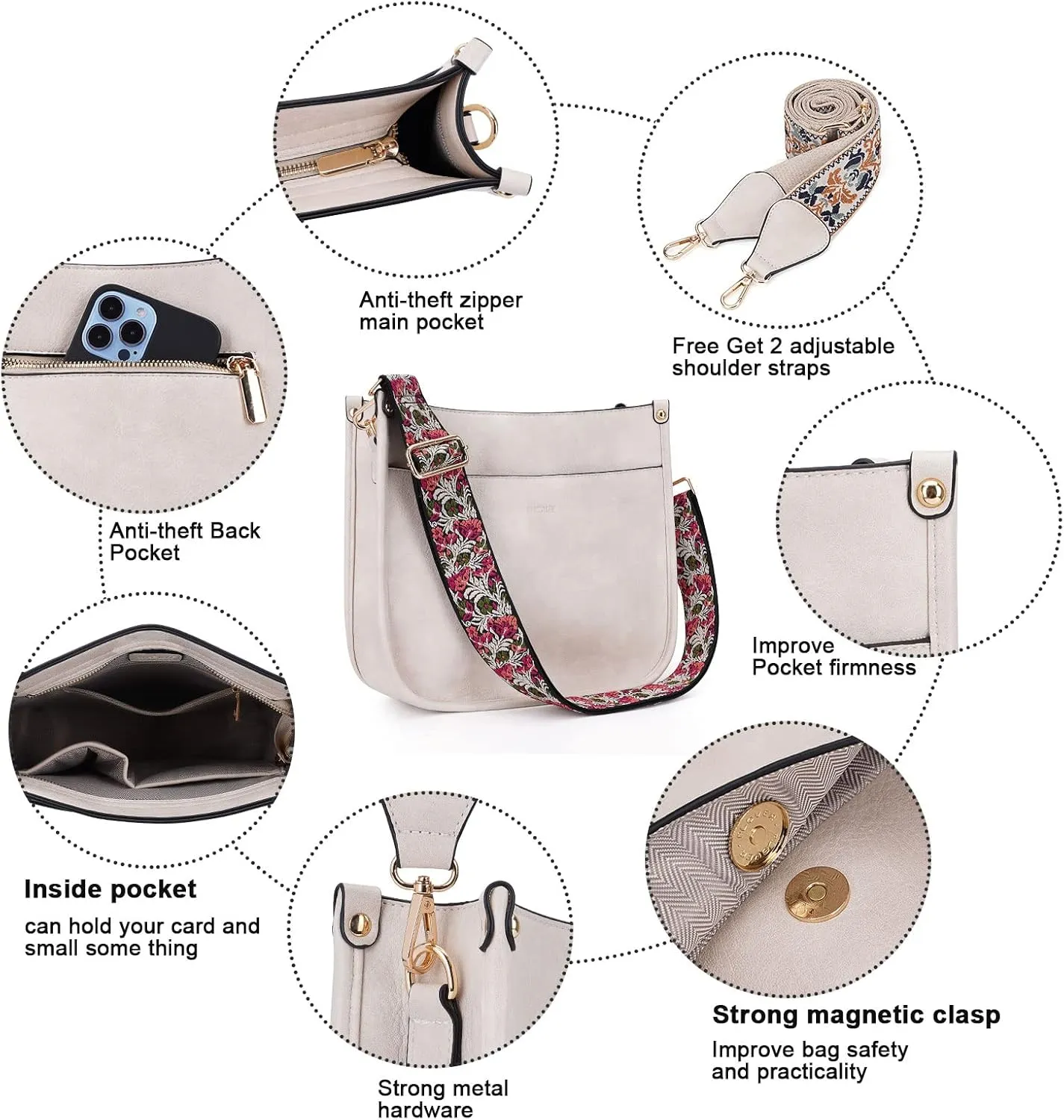 HKCLUF Crossbody Bags for Women Trendy Vegan Leather Hobo Handbags With 2PCS Adjustable Guitar Strap Shoulder Bucket Bags