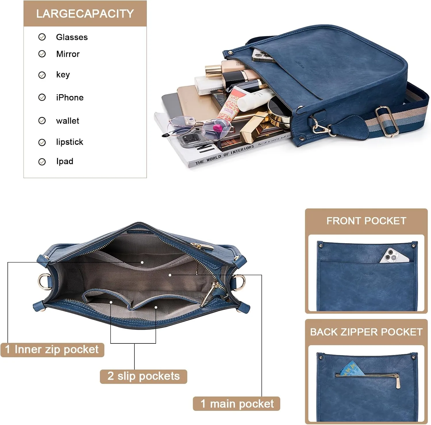 HKCLUF Crossbody Bags for Women Trendy Vegan Leather Hobo Handbags With 2PCS Adjustable Guitar Strap Shoulder Bucket Bags