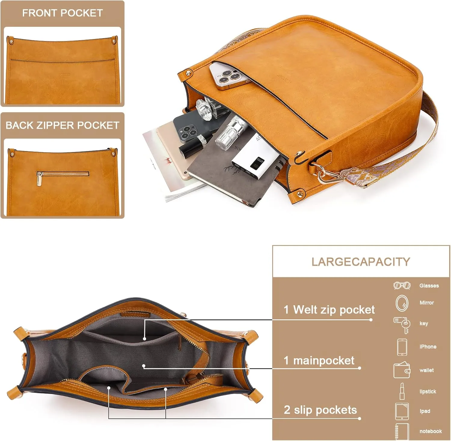 HKCLUF Crossbody Bags for Women Trendy Vegan Leather Hobo Handbags With 2PCS Adjustable Guitar Strap Shoulder Bucket Bags