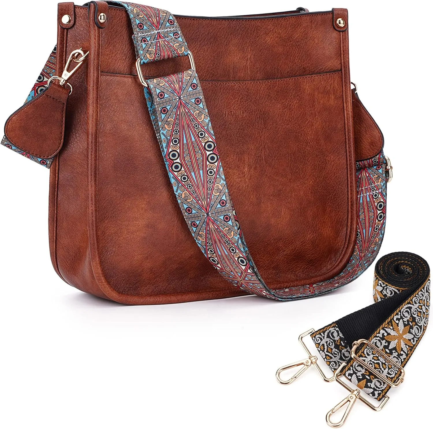 HKCLUF Crossbody Bags for Women Trendy Vegan Leather Hobo Handbags With 2PCS Adjustable Guitar Strap Shoulder Bucket Bags