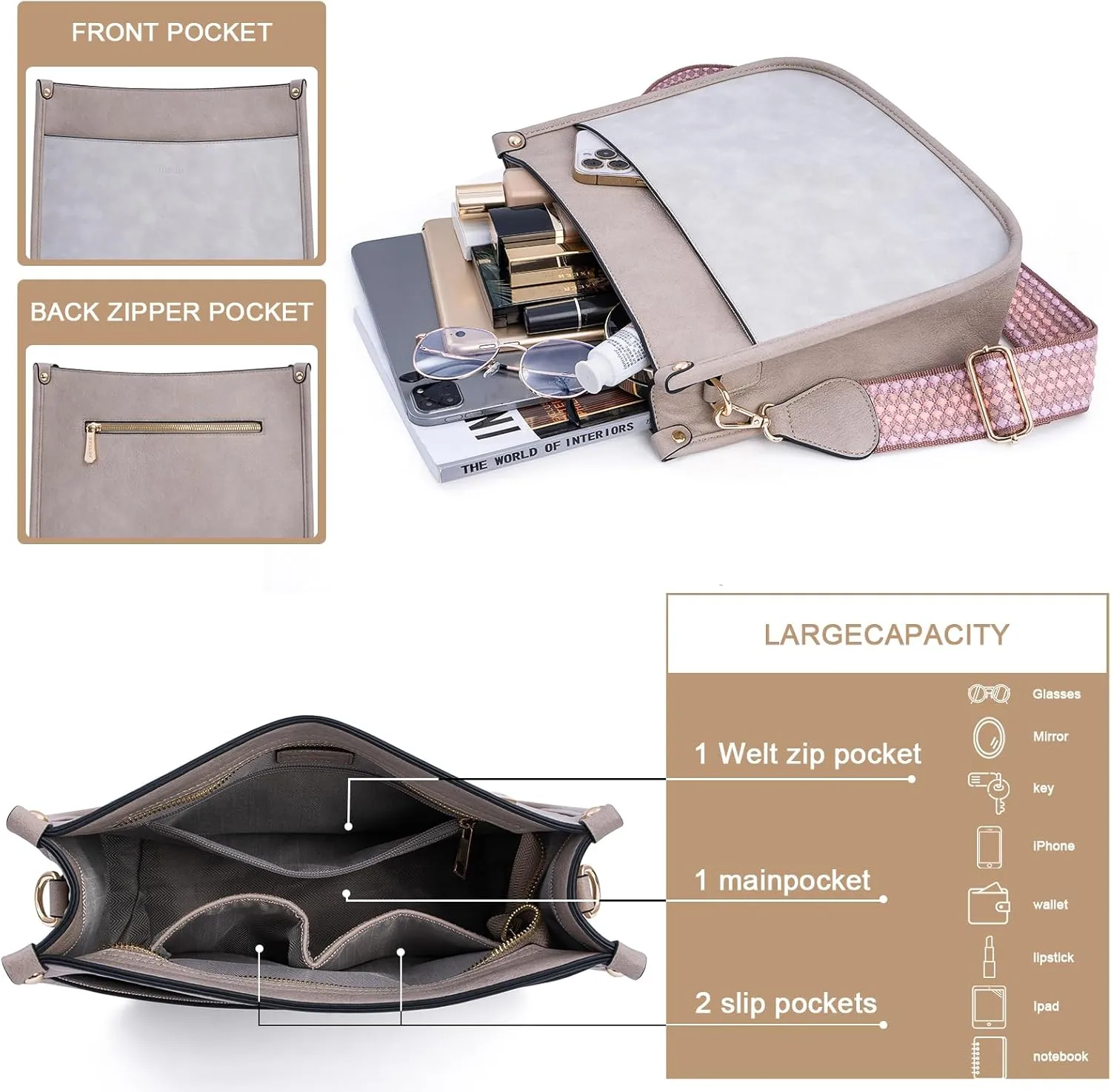 HKCLUF Crossbody Bags for Women Trendy Vegan Leather Hobo Handbags With 2PCS Adjustable Guitar Strap Shoulder Bucket Bags