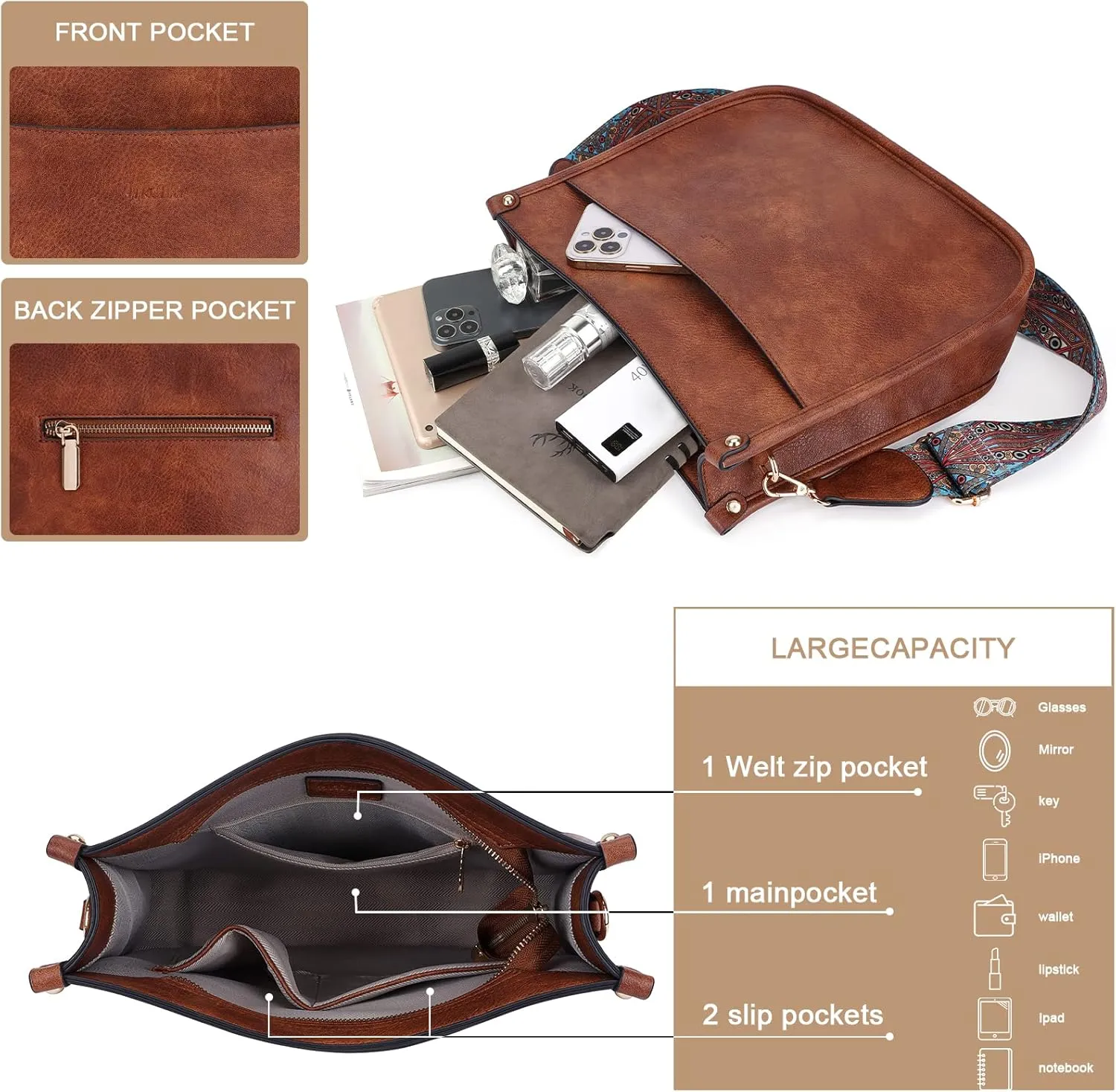 HKCLUF Crossbody Bags for Women Trendy Vegan Leather Hobo Handbags With 2PCS Adjustable Guitar Strap Shoulder Bucket Bags