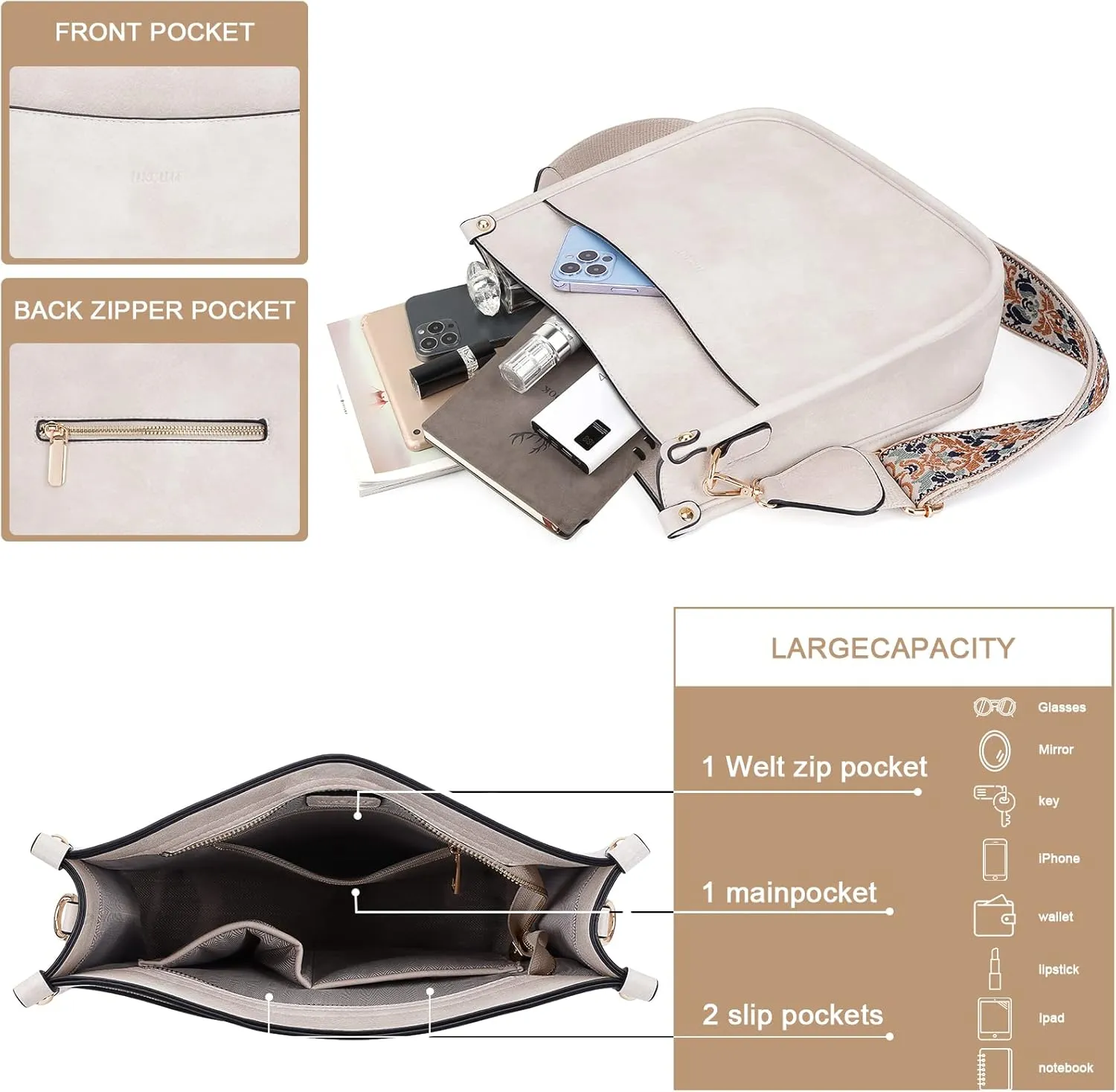 HKCLUF Crossbody Bags for Women Trendy Vegan Leather Hobo Handbags With 2PCS Adjustable Guitar Strap Shoulder Bucket Bags