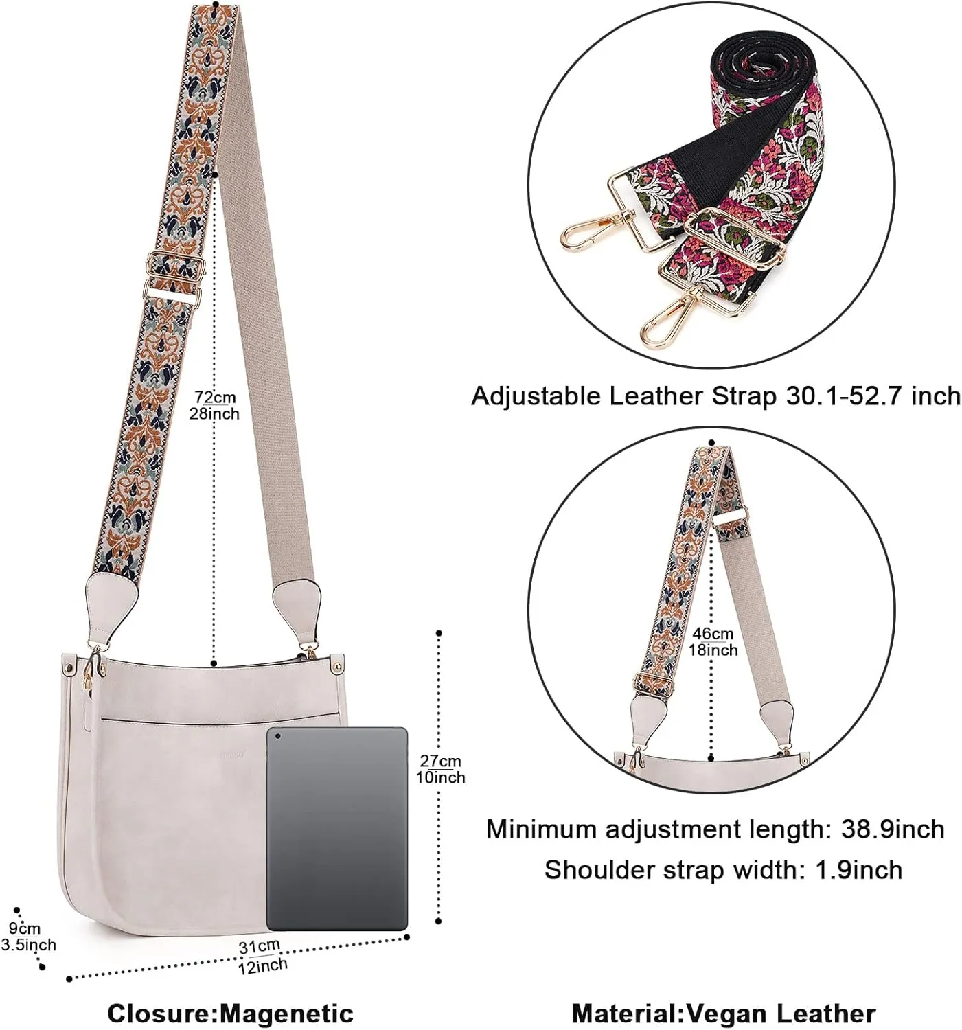 HKCLUF Crossbody Bags for Women Trendy Vegan Leather Hobo Handbags With 2PCS Adjustable Guitar Strap Shoulder Bucket Bags
