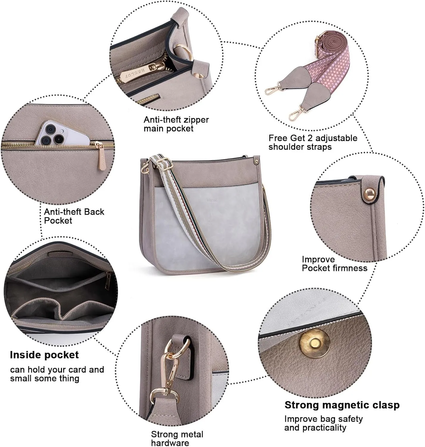 HKCLUF Crossbody Bags for Women Trendy Vegan Leather Hobo Handbags With 2PCS Adjustable Guitar Strap Shoulder Bucket Bags