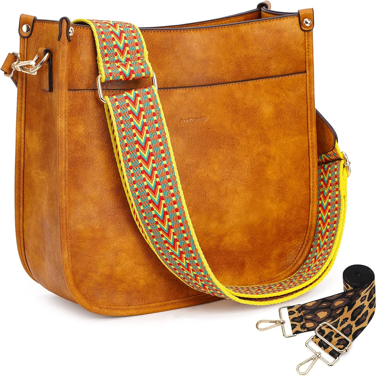 HKCLUF Crossbody Bags for Women Trendy Vegan Leather Hobo Handbags With 2PCS Adjustable Guitar Strap Shoulder Bucket Bags