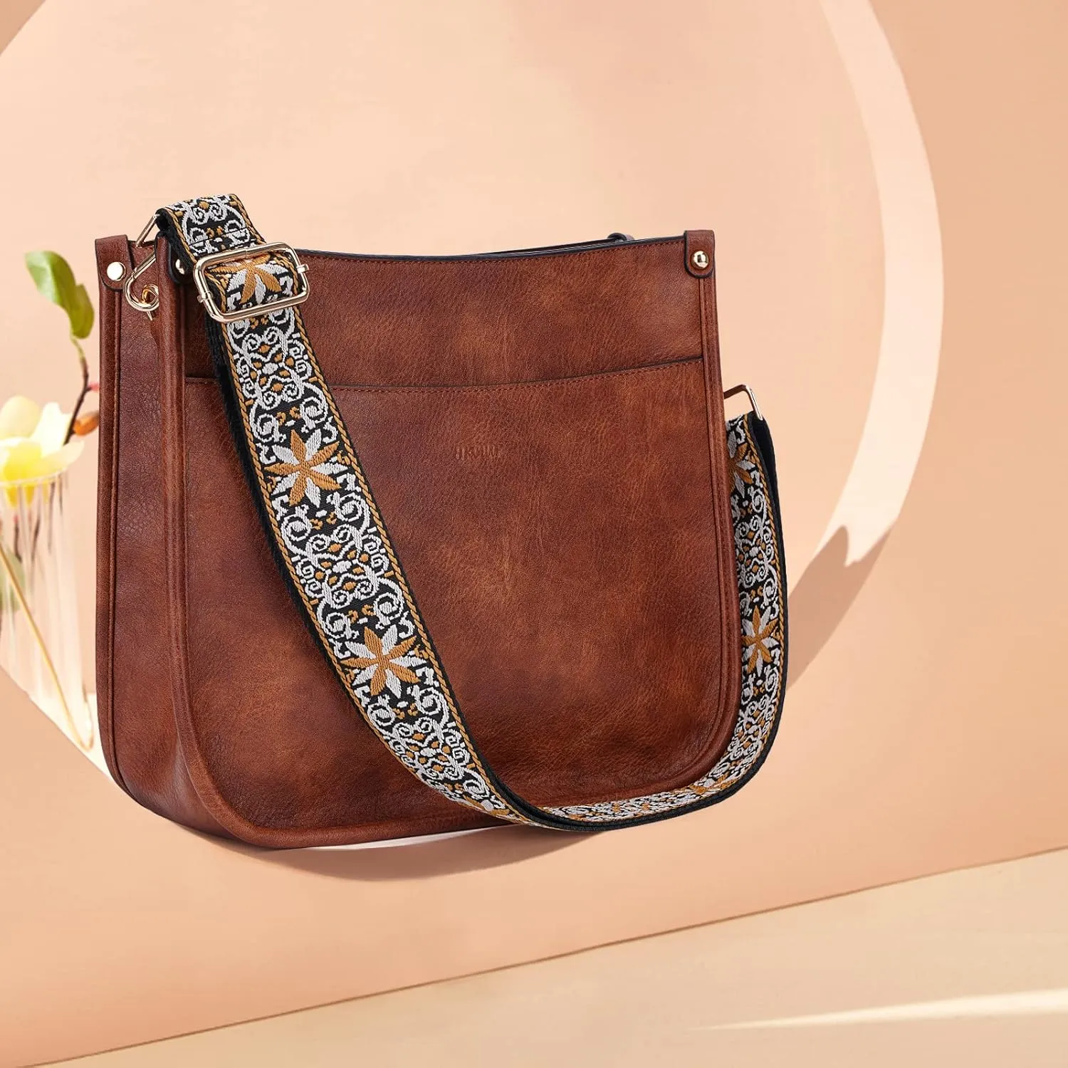 HKCLUF Crossbody Bags for Women Trendy Vegan Leather Hobo Handbags With 2PCS Adjustable Guitar Strap Shoulder Bucket Bags