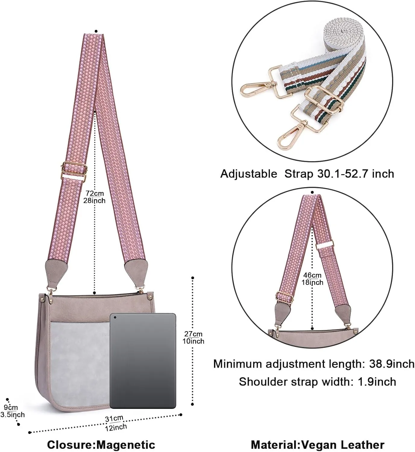 HKCLUF Crossbody Bags for Women Trendy Vegan Leather Hobo Handbags With 2PCS Adjustable Guitar Strap Shoulder Bucket Bags