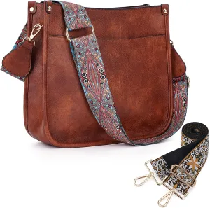 HKCLUF Crossbody Bags for Women Trendy Vegan Leather Hobo Handbags With 2PCS Adjustable Guitar Strap Shoulder Bucket Bags
