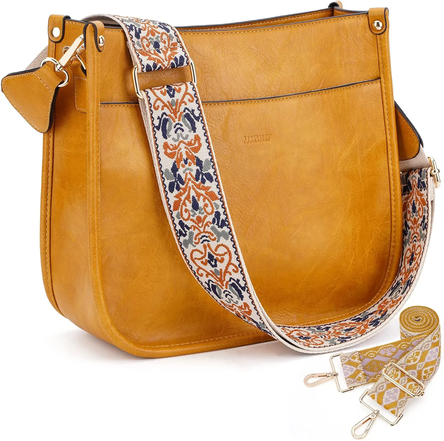 HKCLUF Crossbody Bags for Women Trendy Vegan Leather Hobo Handbags With 2PCS Adjustable Guitar Strap Shoulder Bucket Bags
