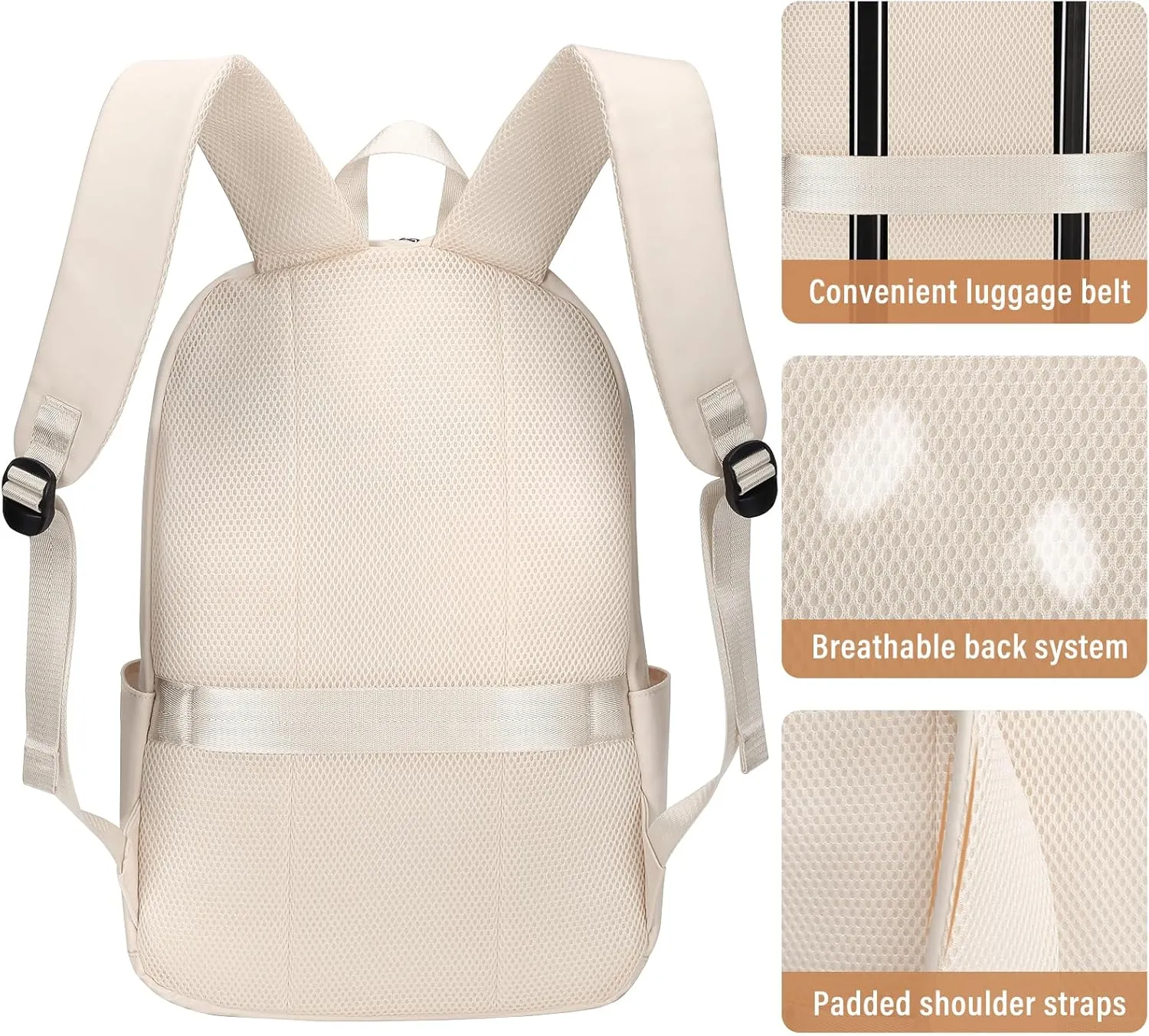 HOMIEE Lightweight Casual Laptop Backpack Fits 15.6 Inch Computer, Water-Resistant Small Daypack Cute Unisex Bookbag for College Work Travel, Beige