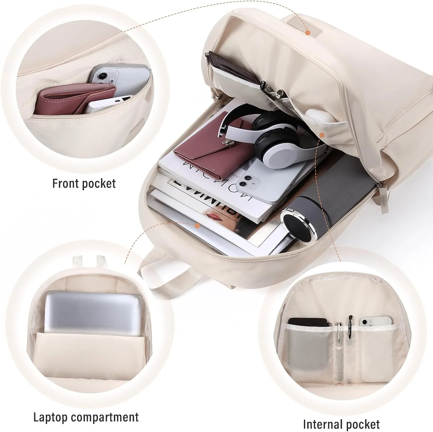 HOMIEE Lightweight Casual Laptop Backpack Fits 15.6 Inch Computer, Water-Resistant Small Daypack Cute Unisex Bookbag for College Work Travel, Beige