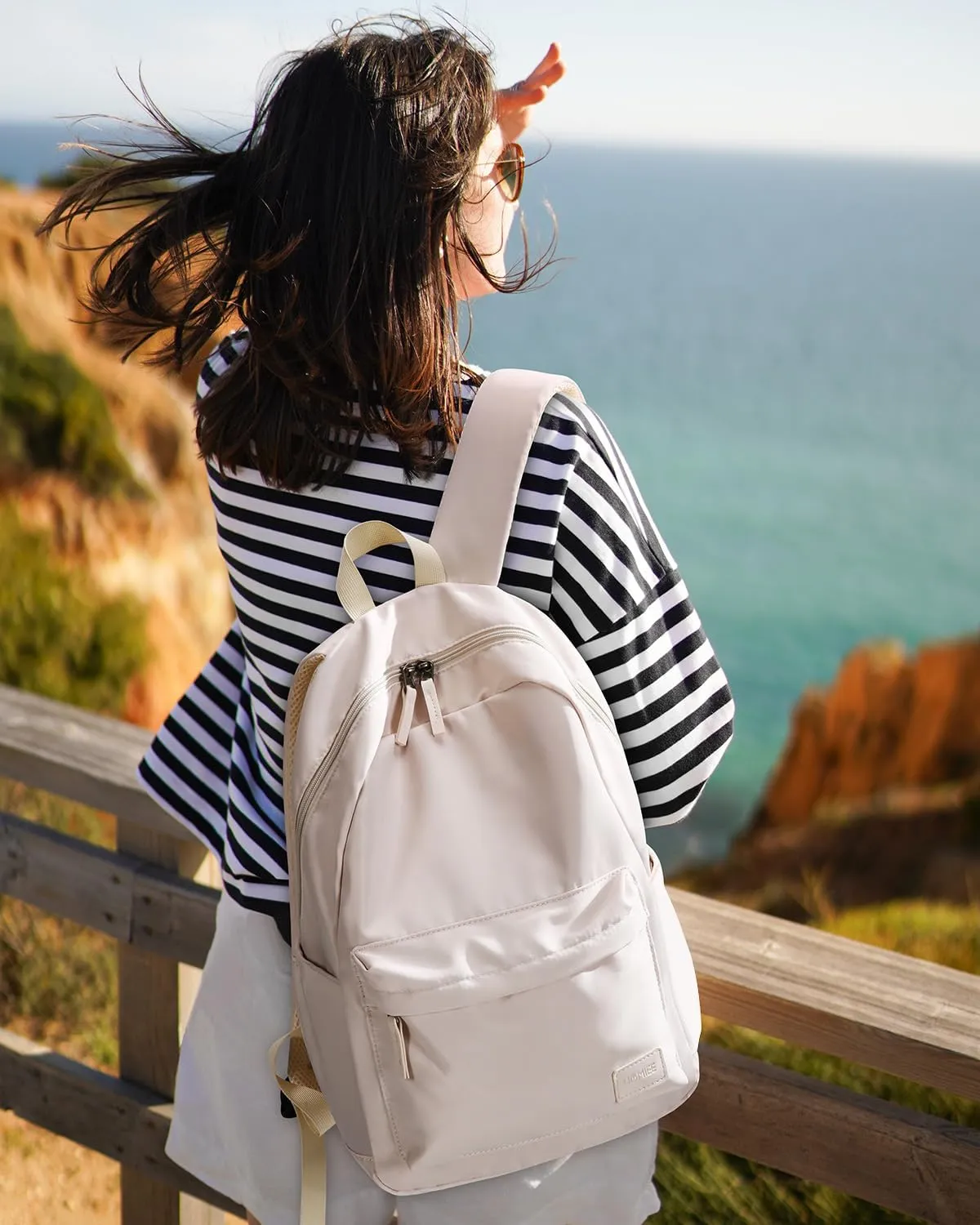 HOMIEE Lightweight Casual Laptop Backpack Fits 15.6 Inch Computer, Water-Resistant Small Daypack Cute Unisex Bookbag for College Work Travel, Beige
