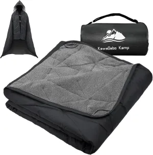 Hooded Outdoor Waterproof Blanket, Foldable Fleece Stadium Blanket for Outdoor Sports Event, Camping, Concerts, Car, Pet, Picnics - Windproof, Wearable, Machine Washable 80" x 58"