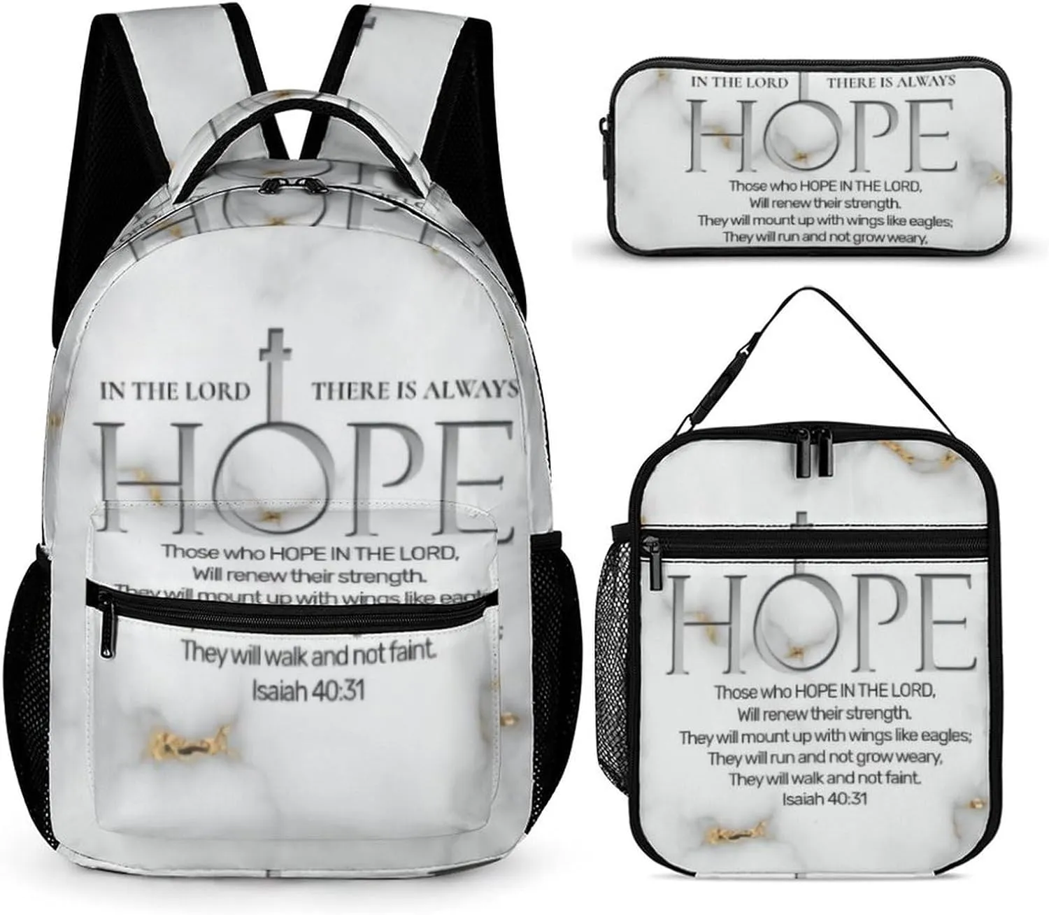 Hope in The Lord Scripture Verse Isaiah Backpack Portable Meal Bag, Stationery Bag Set, Sturdy And Durable