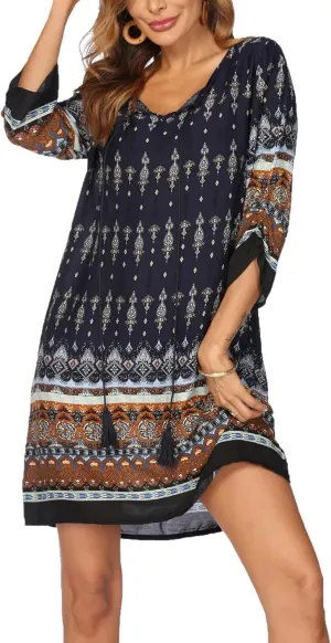 HOTOUCH Women Casual Beach Summer Dress Boho Tassel Tie Neck 3/4 Long Sleeve Short Floral Print Flowy Cover Up Sundresses