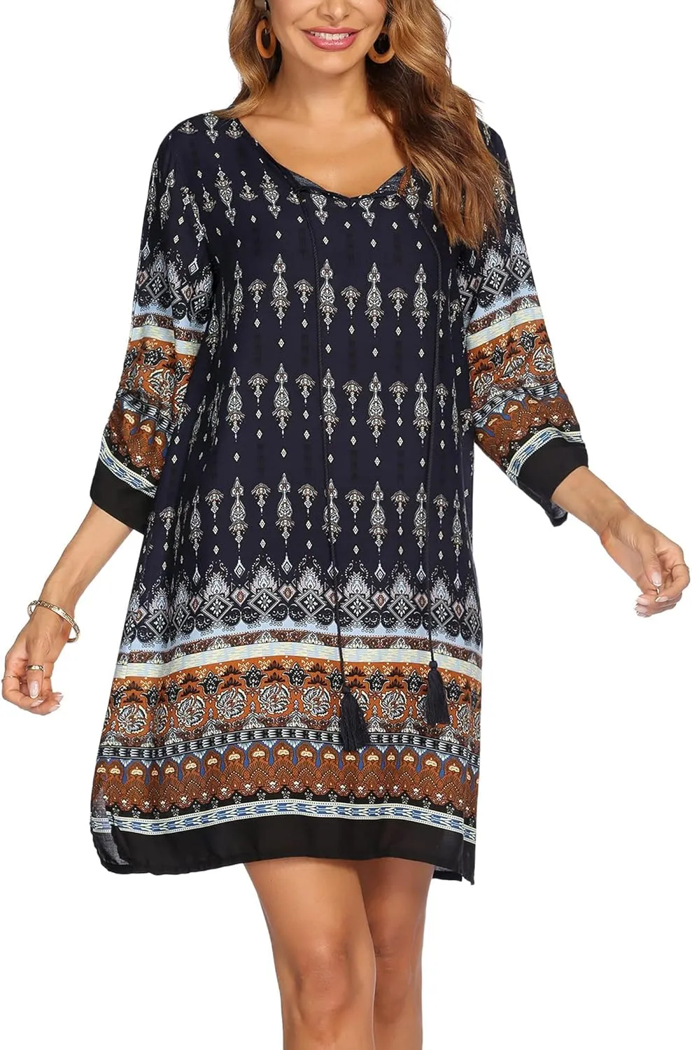 HOTOUCH Women Casual Beach Summer Dress Boho Tassel Tie Neck 3/4 Long Sleeve Short Floral Print Flowy Cover Up Sundresses