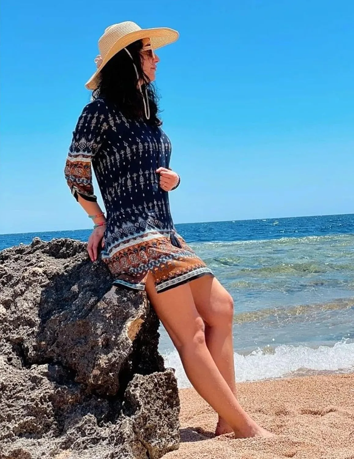 HOTOUCH Women Casual Beach Summer Dress Boho Tassel Tie Neck 3/4 Long Sleeve Short Floral Print Flowy Cover Up Sundresses
