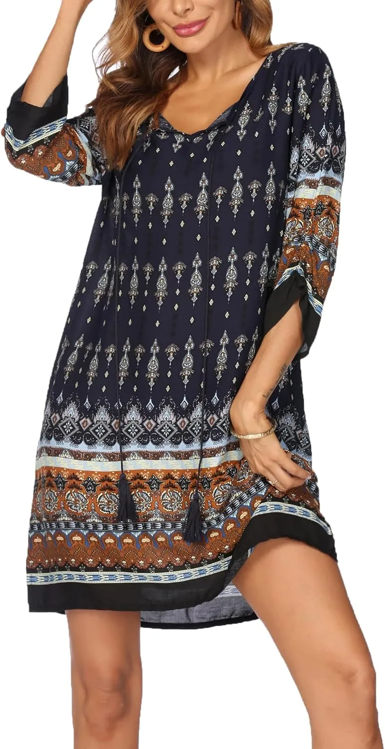 HOTOUCH Women Casual Beach Summer Dress Boho Tassel Tie Neck 3/4 Long Sleeve Short Floral Print Flowy Cover Up Sundresses