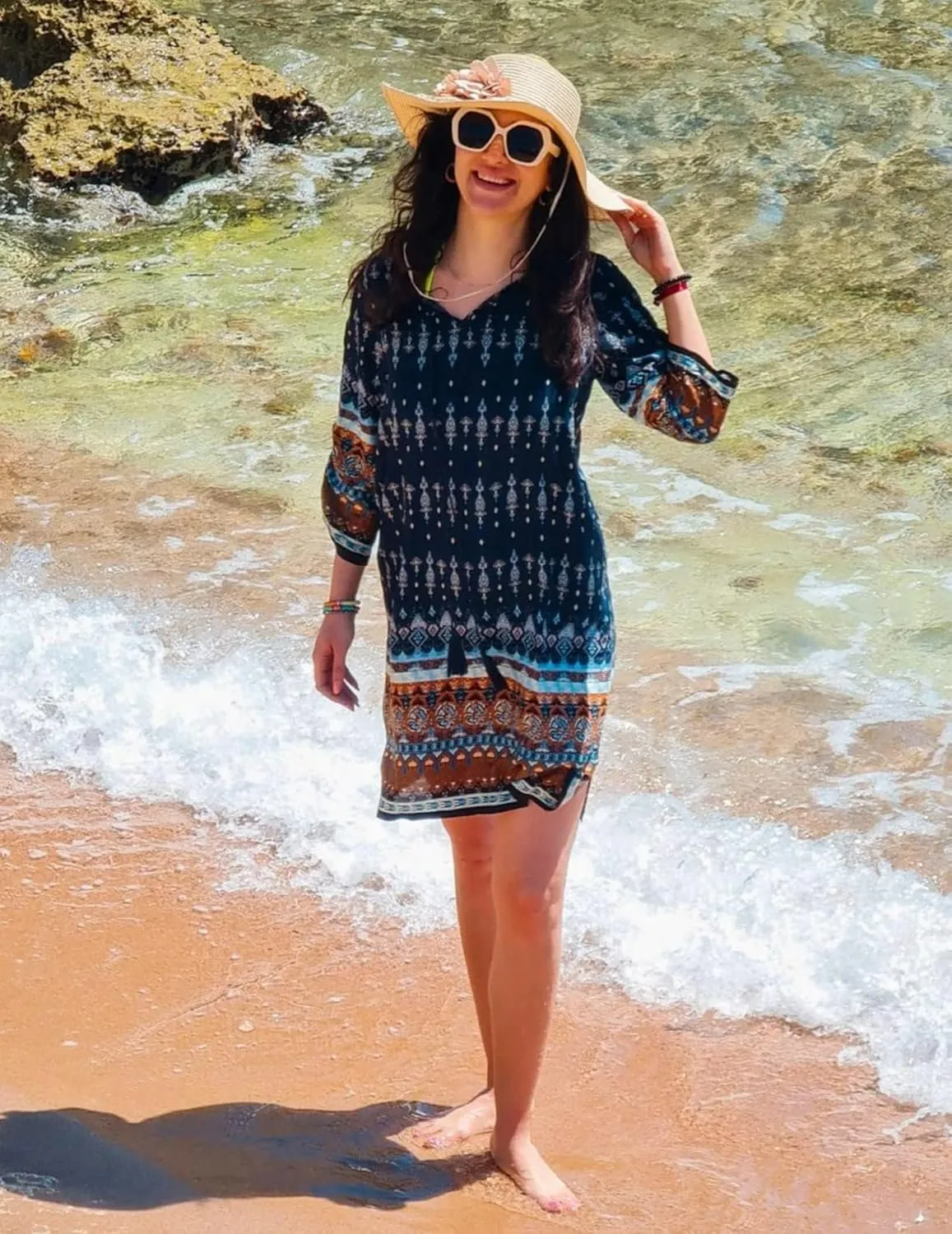 HOTOUCH Women Casual Beach Summer Dress Boho Tassel Tie Neck 3/4 Long Sleeve Short Floral Print Flowy Cover Up Sundresses