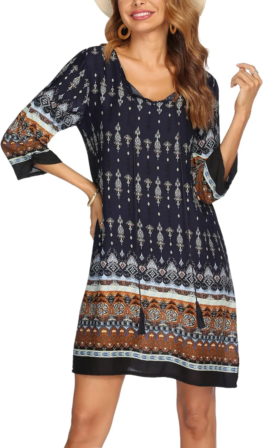 HOTOUCH Women Casual Beach Summer Dress Boho Tassel Tie Neck 3/4 Long Sleeve Short Floral Print Flowy Cover Up Sundresses