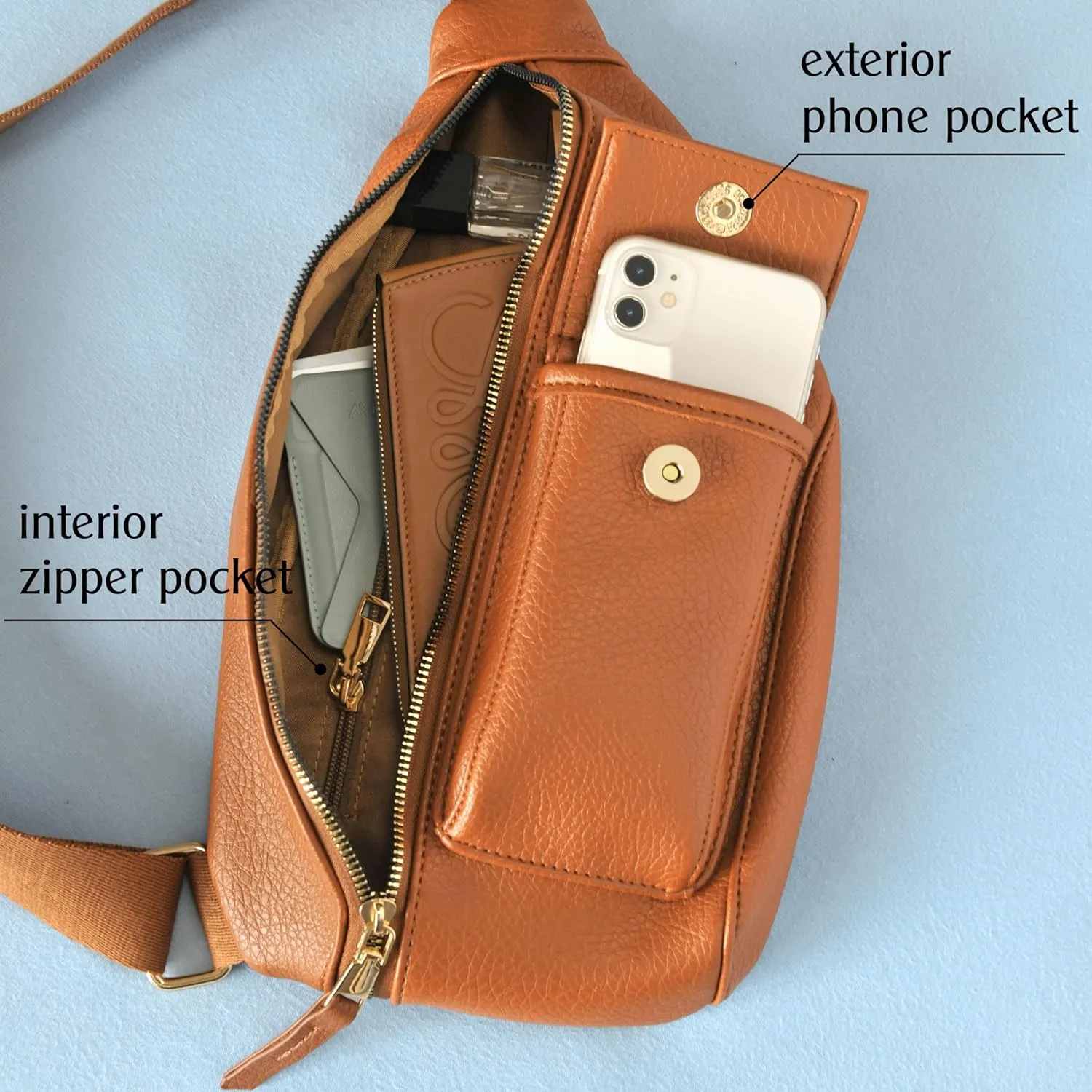 HOXIS Women's Sling Bag Vegan Leather Fanny Packs Crossbody bag with Adjusttable Shoulder Strap Chest Bag for Travel (Orange-brown)