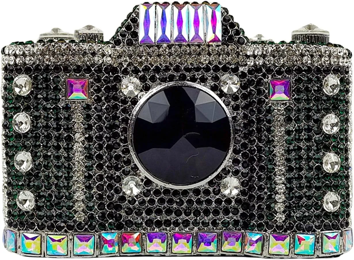 HUANG ZHUANG Cute Camera Shape Crystal Clutch Purse Mini Rhinestone Evening Bag Wedding Handbag Party Women Purse