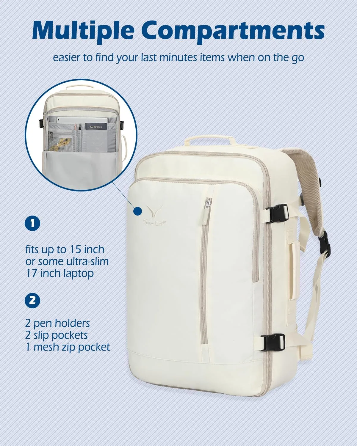 Hynes Eagle Carry on Backpack 38L Large Travel Backpack for Women Flight Approved Weekender Bag Laptop Backpack Men 15 inches Beige